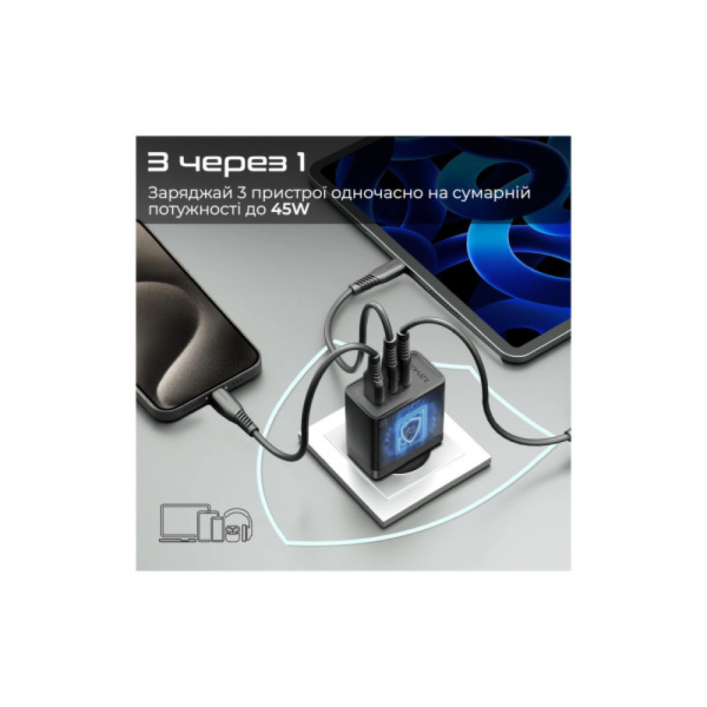 Зарядний пристрій Promate powerport-45 2xUSB-C PD + USB-A QC 45W Black (powerport-45.black)