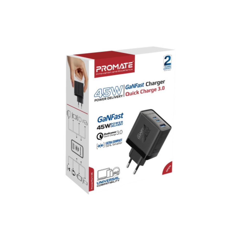Зарядний пристрій Promate powerport-45 2xUSB-C PD + USB-A QC 45W Black (powerport-45.black)