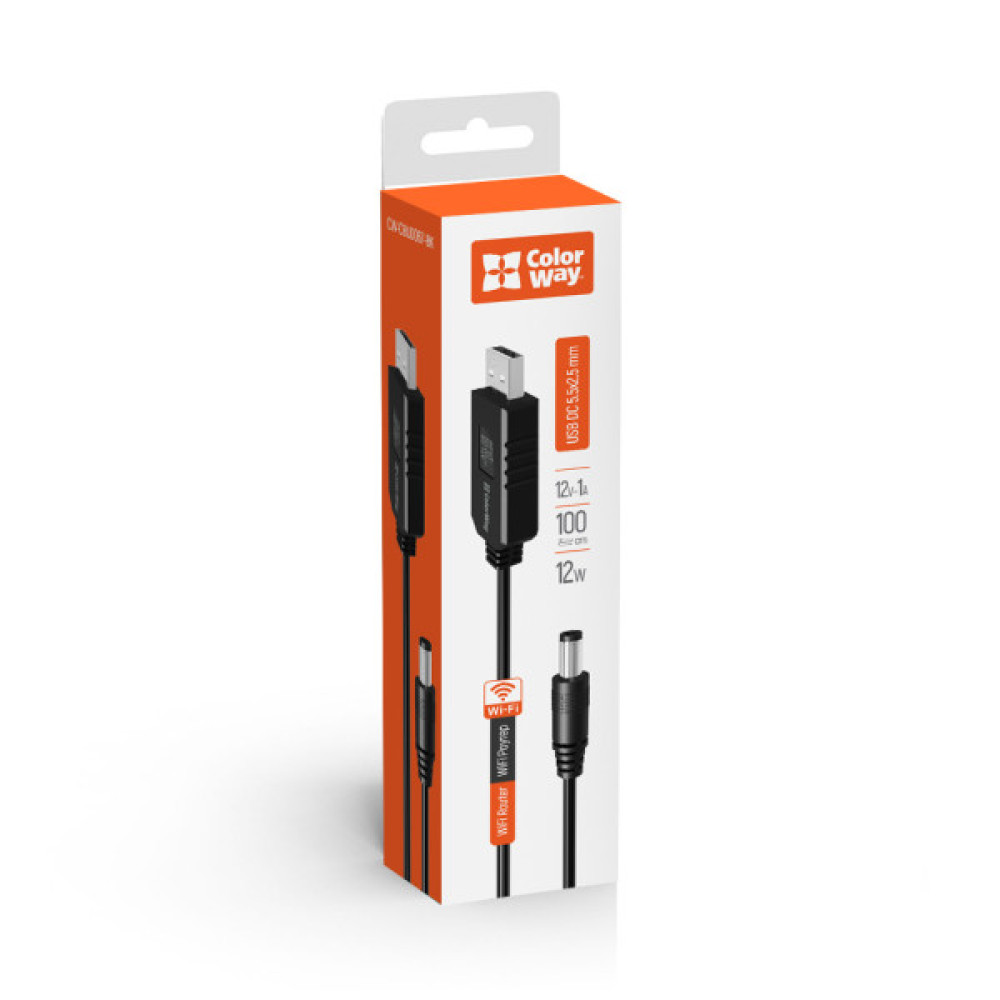 Кабель живлення USB to DC 5.5x2.5mm 12V 1.0m black ColorWay (CW-CBUD067-BK)