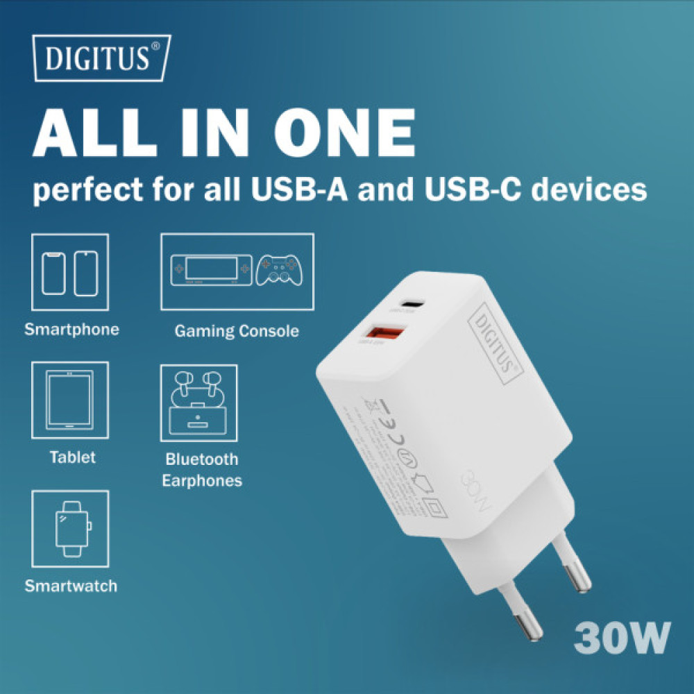 Зарядний пристрій Digitus 1xUSB-C + 1xUSB 30W GaN (DA-10301)