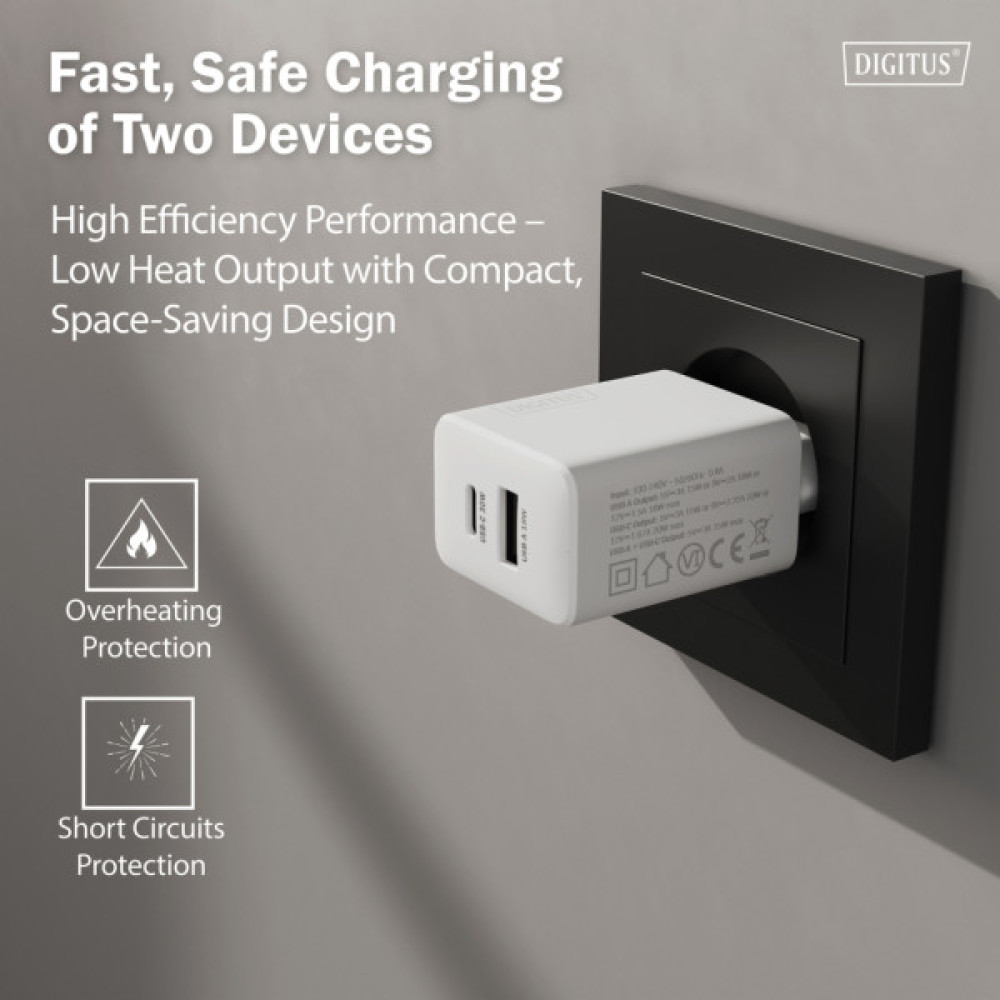 Зарядний пристрій Digitus 1xUSB-C + 1xUSB 30W GaN (DA-10301)