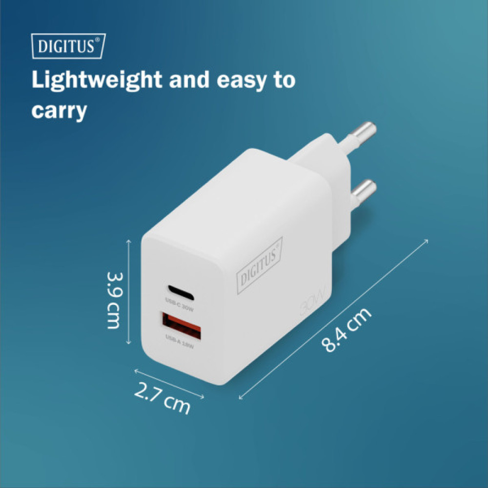 Зарядний пристрій Digitus 1xUSB-C + 1xUSB 30W GaN (DA-10301)