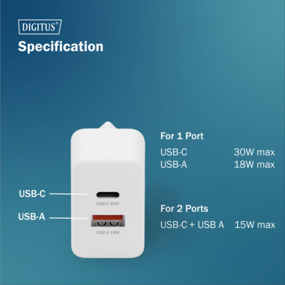 Зарядний пристрій Digitus 1xUSB-C + 1xUSB 30W GaN (DA-10301)
