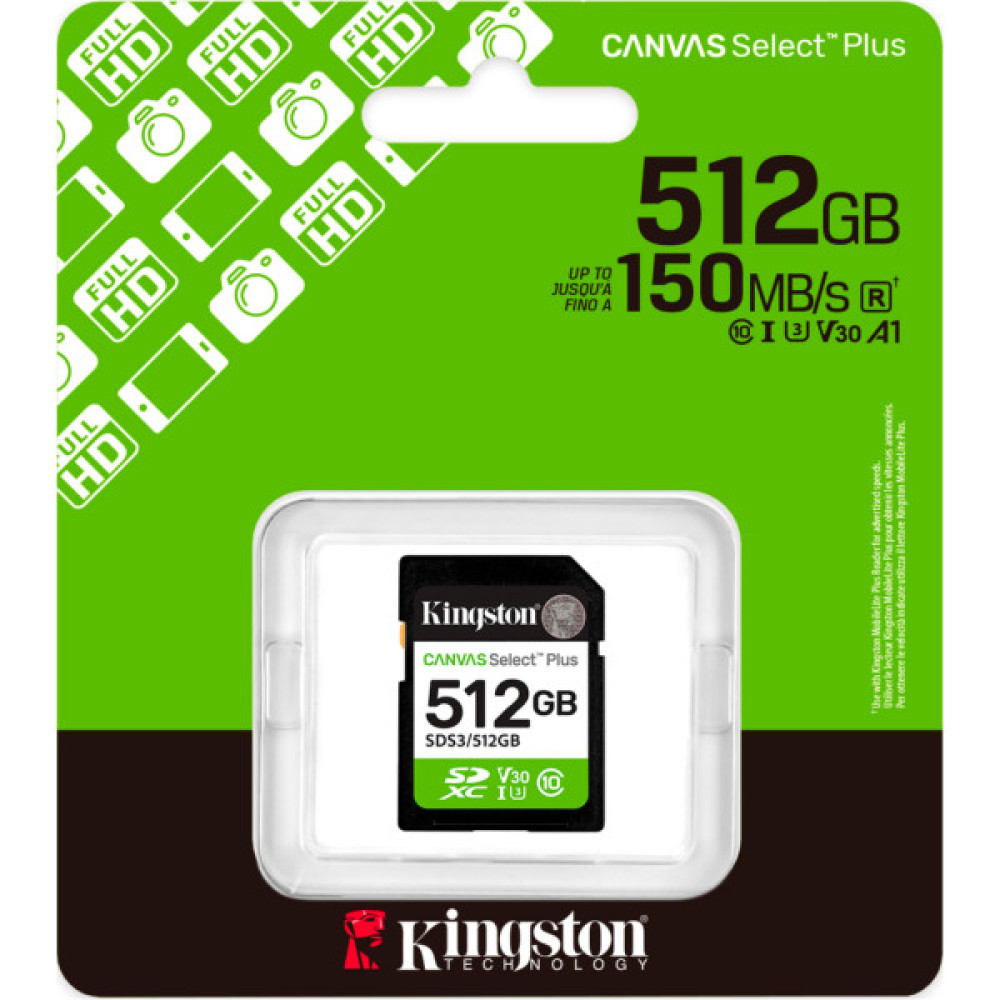 Карта пам'яті Kingston 512GB SDXC class 10 UHS-I U3 V30 A1 Canvas Select Plus (SDS3/512GB)
