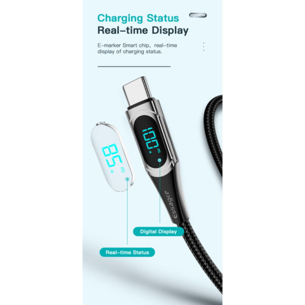 Дата кабель USB-C to USB-C 2.0m 100W Digital Display blue Essager (ES-XCTT1-YDA03)
