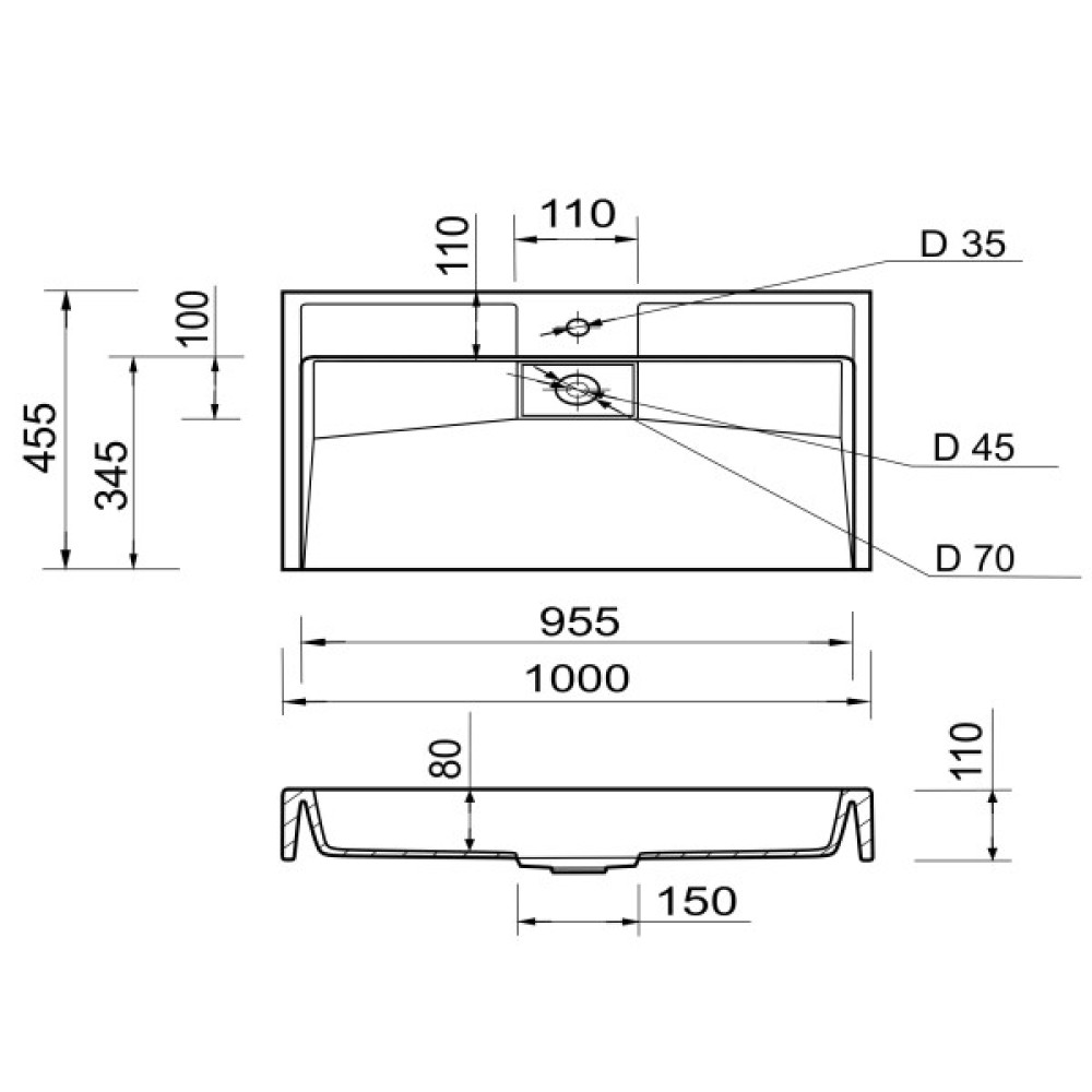 Раковина, умивальник Adamant VISION, штучний камінь, прямокут., з отвором для змішувача, без переливу, 1000х455х110мм, накладний, білий