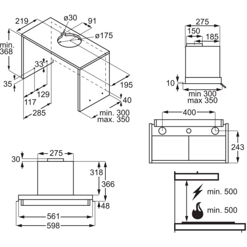 Витяжка Electrolux вбудована, 60см, 600м.куб/год., чорний