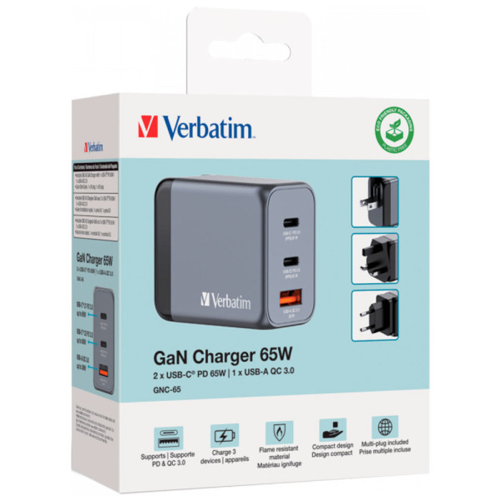 Зарядний пристрій Verbatim GaN 65 W 3 ports (2xUSB-C-65 W /USB-A -3.0) (32201)