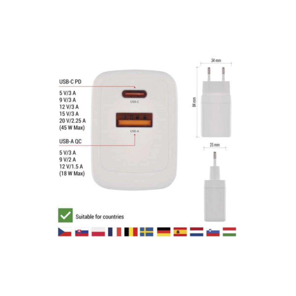 Зарядний пристрій EMOS V04G45 1xUSB-A + 1xUSB-C PD20W GaN (V04G45)