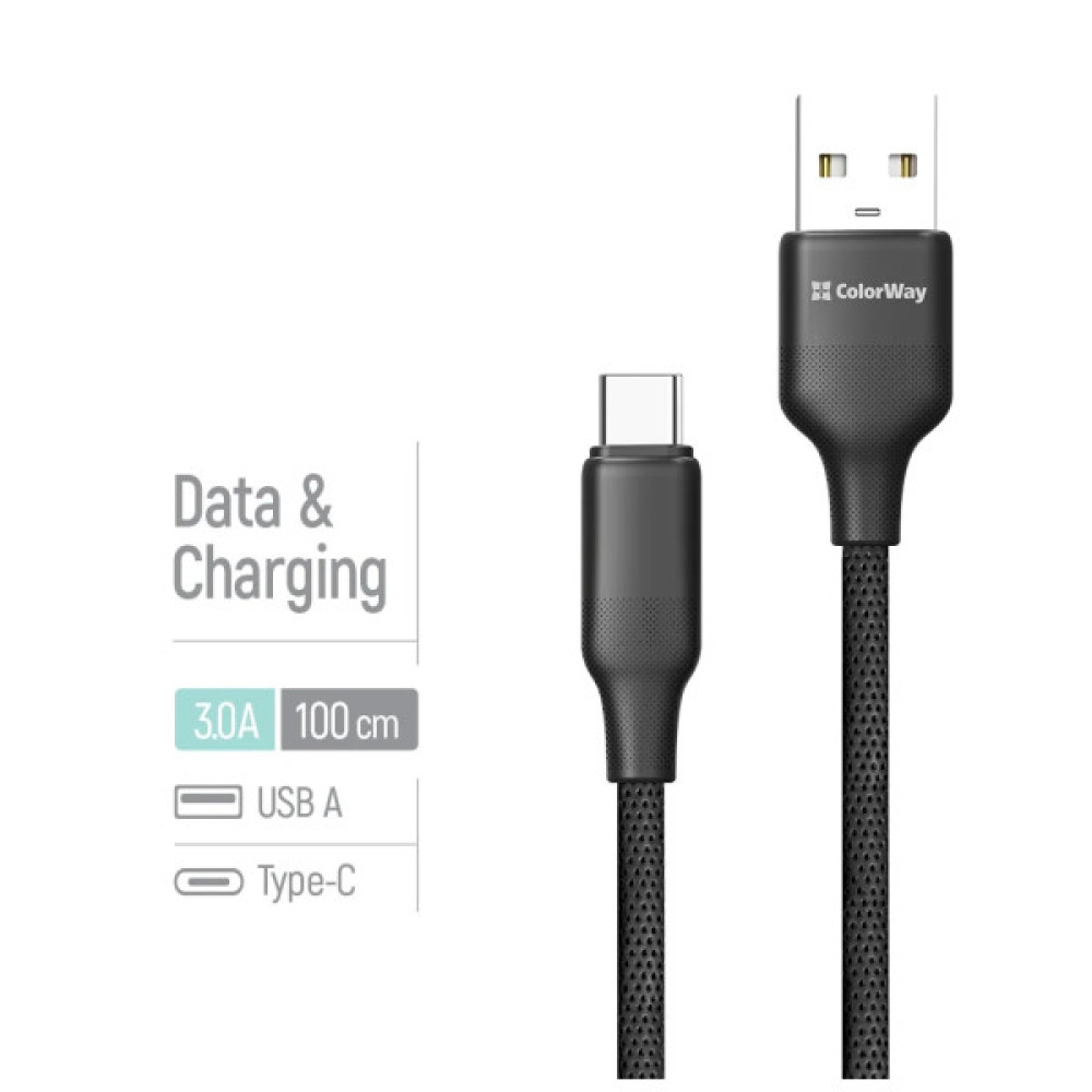 Дата кабель USB 2.0 AM to USB-C 1.0m 3A TPE embossed black ColorWay (CW-CBUC101-BK)