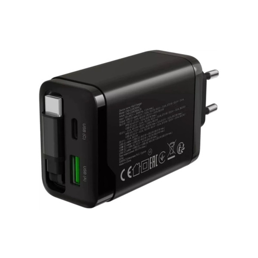 Зарядний пристрій Canyon 1xUSB-C PD65W + 1xUSB QC3.0 + cable USB-C to USB-C black (CNS-CURC65ACB)