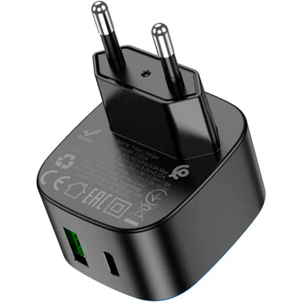 Зарядний пристрій HOCO CS32A Rise 1xUSB-C PD20W + 1xUSB QC3.0 Black (6942007617451)