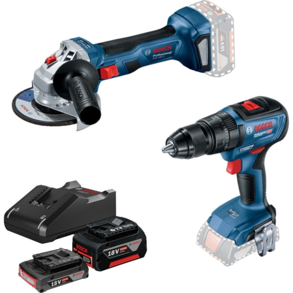 Набір із двох акумуляторних інструментів Bosch Professional 18В шліфмашина кутова GWS180-LI дриль-шурупокрут GSB 18V-50 зарядний пристрій акб 2х4А·год