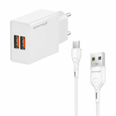 Зарядний пристрій Grand-X 2xUSB 5V 2.4A + cable USB to USB-C white (CH-15WT)