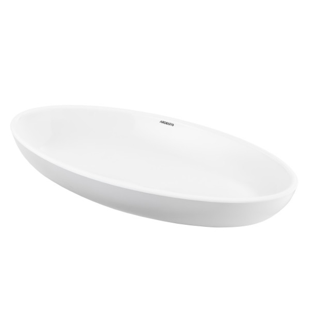 Раковина, умивальник ARDESTO Madeleine, штучний камінь, овальна, без отвору для змішувача та переливу, 590х295х130мм, накладний, білий