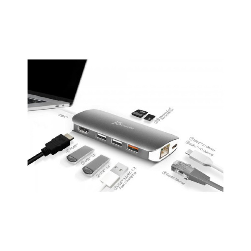 Порт-реплікатор J5create Dock-Station USB-C 9-in-1 (хаб/HDMI/PD/картридер) (JCD383-N)