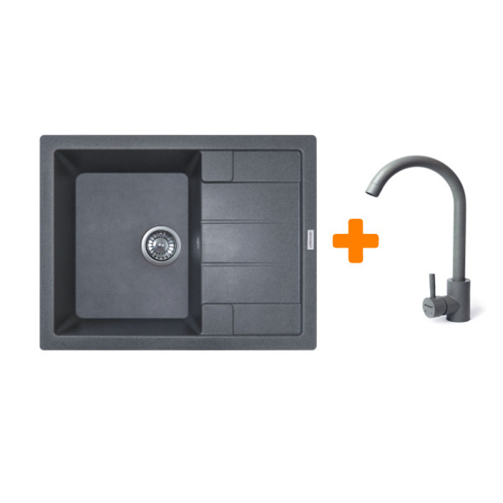 Набір кухонний Adamant Anila, штучний камінь, прямокут., з крилом, 645х495х200мм, чаша - 1, врізна, сірий + змішувач