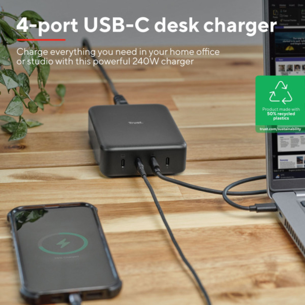 Зарядний пристрій Trust Maxo 4xUSB-C PD240W GaN Black (25413_TRUST)