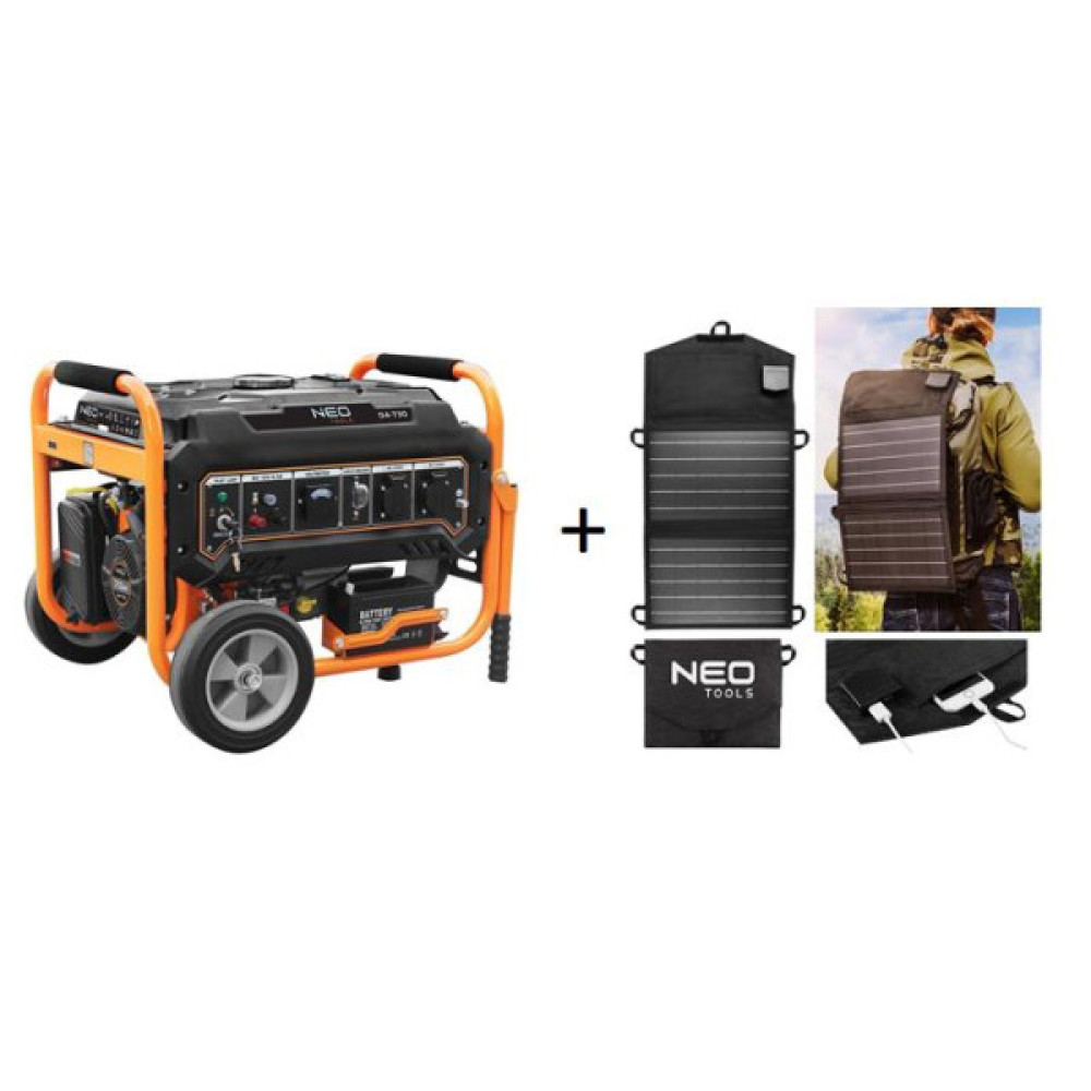 Генератор бензиновий Neo Tools 230В, 2.8/3кВт, електростартер, 45кг + Портативний зарядний пристрій сонячна панель 90-140