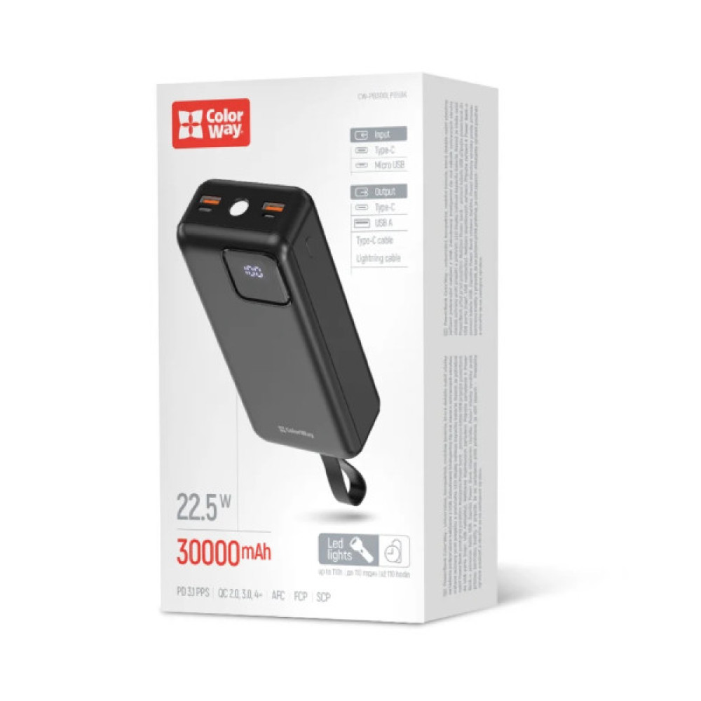 Батарея універсальна ColorWay 30 000 mAh EnergyHub PD/22.5W, QC/4.0, Black (CW-PB300LP05BK)