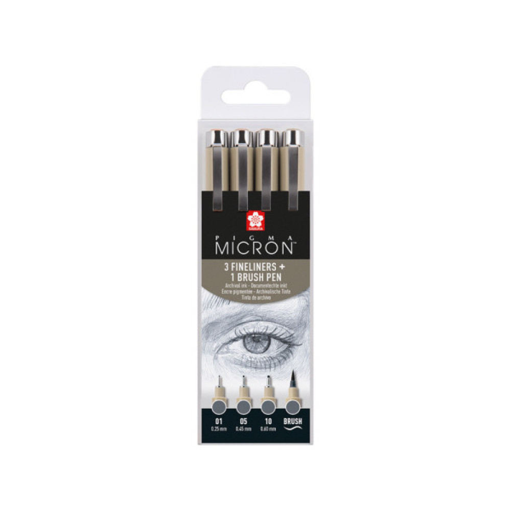 Лайнер Sakura Набір Pigma Micron 4 шт, (0.1/0.5/10/лінер-пензель Pigma Brush), Сірий (8712079474294)