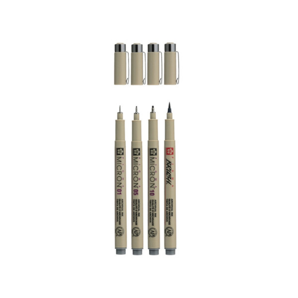 Лайнер Sakura Набір Pigma Micron 4 шт, (0.1/0.5/10/лінер-пензель Pigma Brush), Сірий (8712079474294)