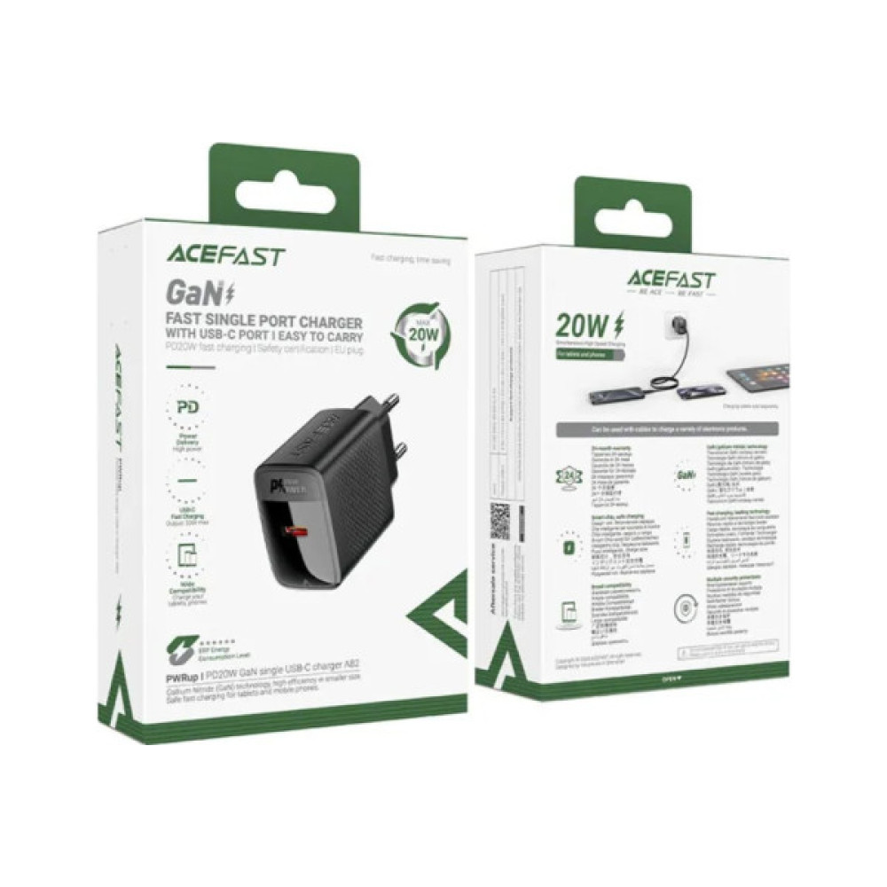 Зарядний пристрій Acefast USB-C 20W + Type-C cable A82 Fast Charger Black (6974316280057)