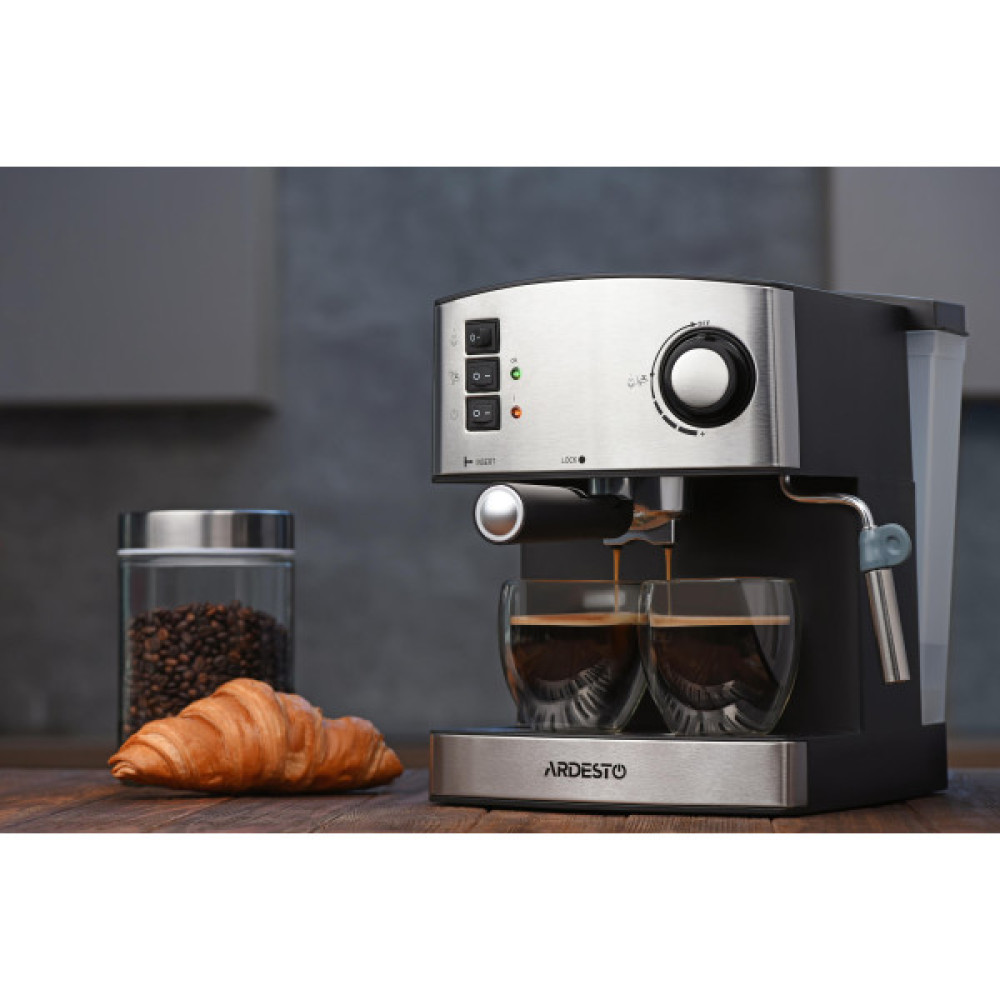 Кавоварка ARDESTO ріжкова Steel Collection 1.6л, мелена, ручний капучинатор, сріблясто-чорний