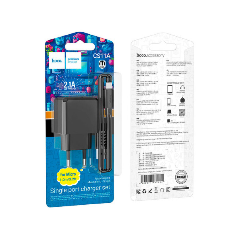 Зарядний пристрій HOCO CS11A Ocean USB + cable USB to Micro 5P 10.5W Black (6942007603584)