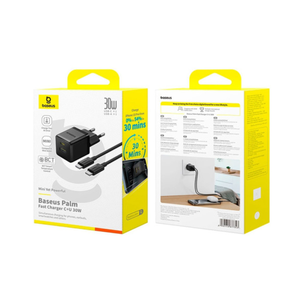 Зарядний пристрій Baseus 1xUSB-C 30W + 1xUSB + cable USB-C to USB-C 60W 1.0m (P1011160A113-01)