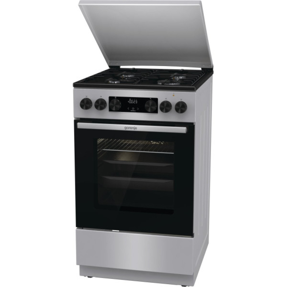 Плита Gorenje комбінована, 70л, 50x60см, метал. кришка, дисплей, IconLed, емальовані реш, титан