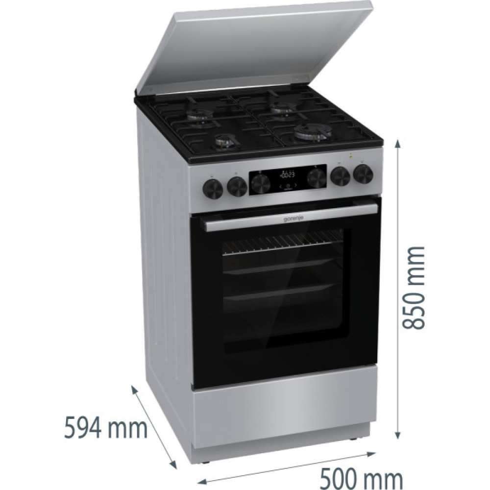 Плита Gorenje комбінована, 70л, 50x60см, метал. кришка, дисплей, IconLed, емальовані реш, титан