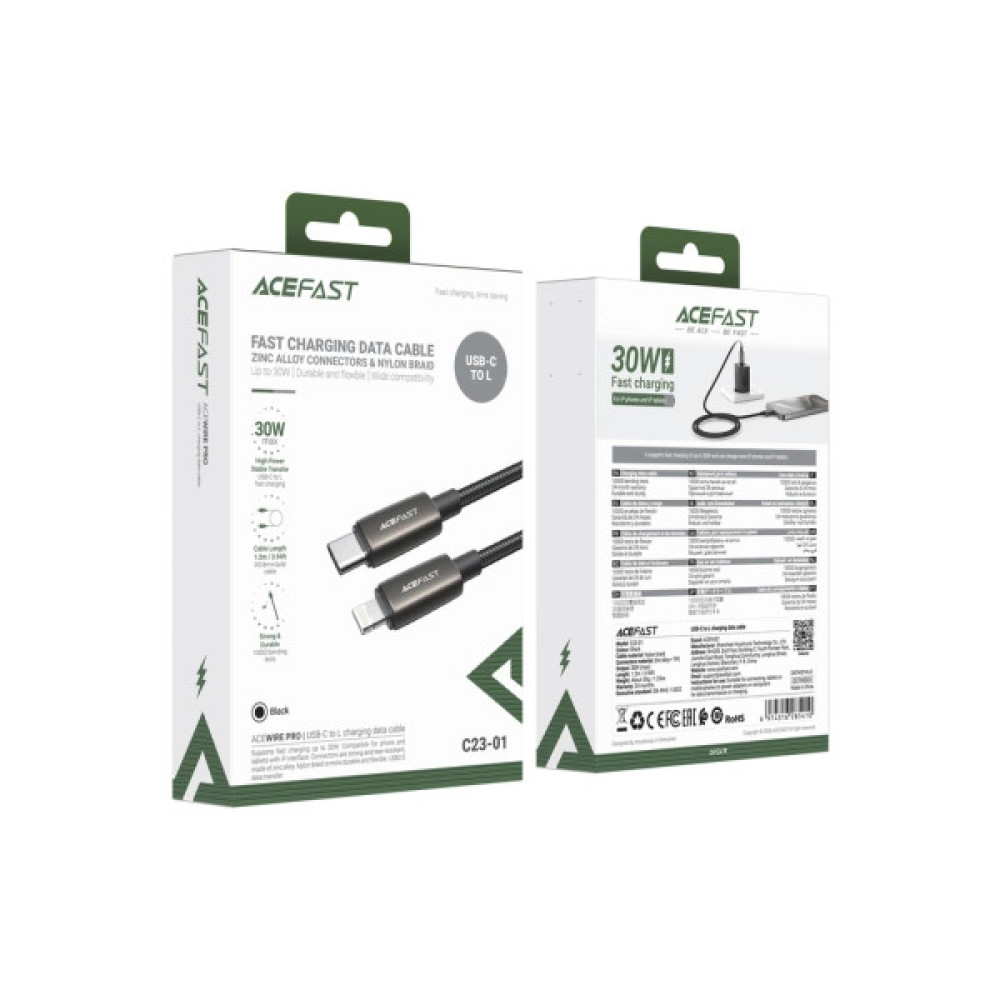 Дата кабель USB 2.0 AM to Lightning 1.2m 30W nylon black Acefast (6974316285410)