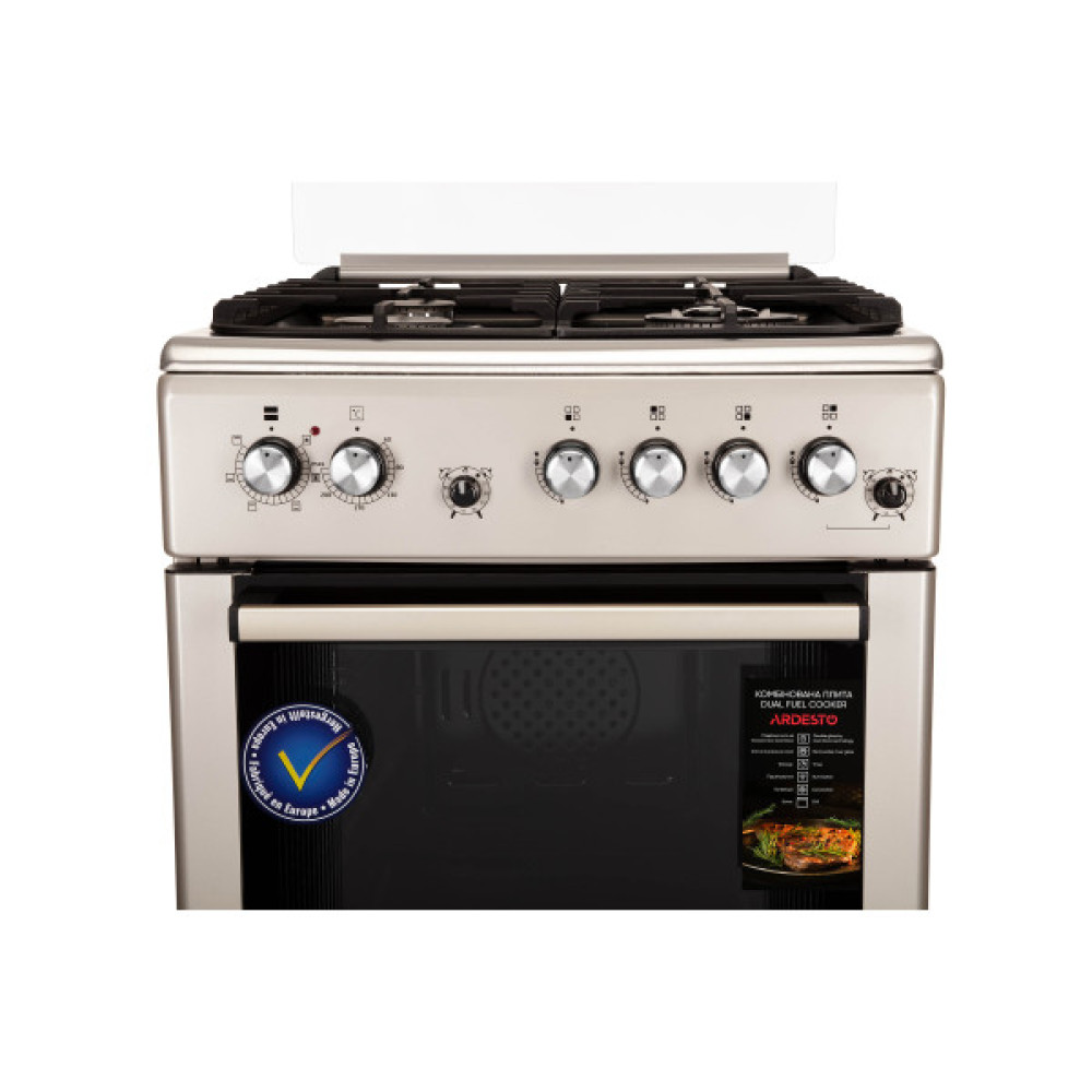 Плита ARDESTO комбі, 64л, 60x60см, конвекція, чавун, підсвічування, форсунки LPG (підключення газового балона), знімні направляючі, сріблястий