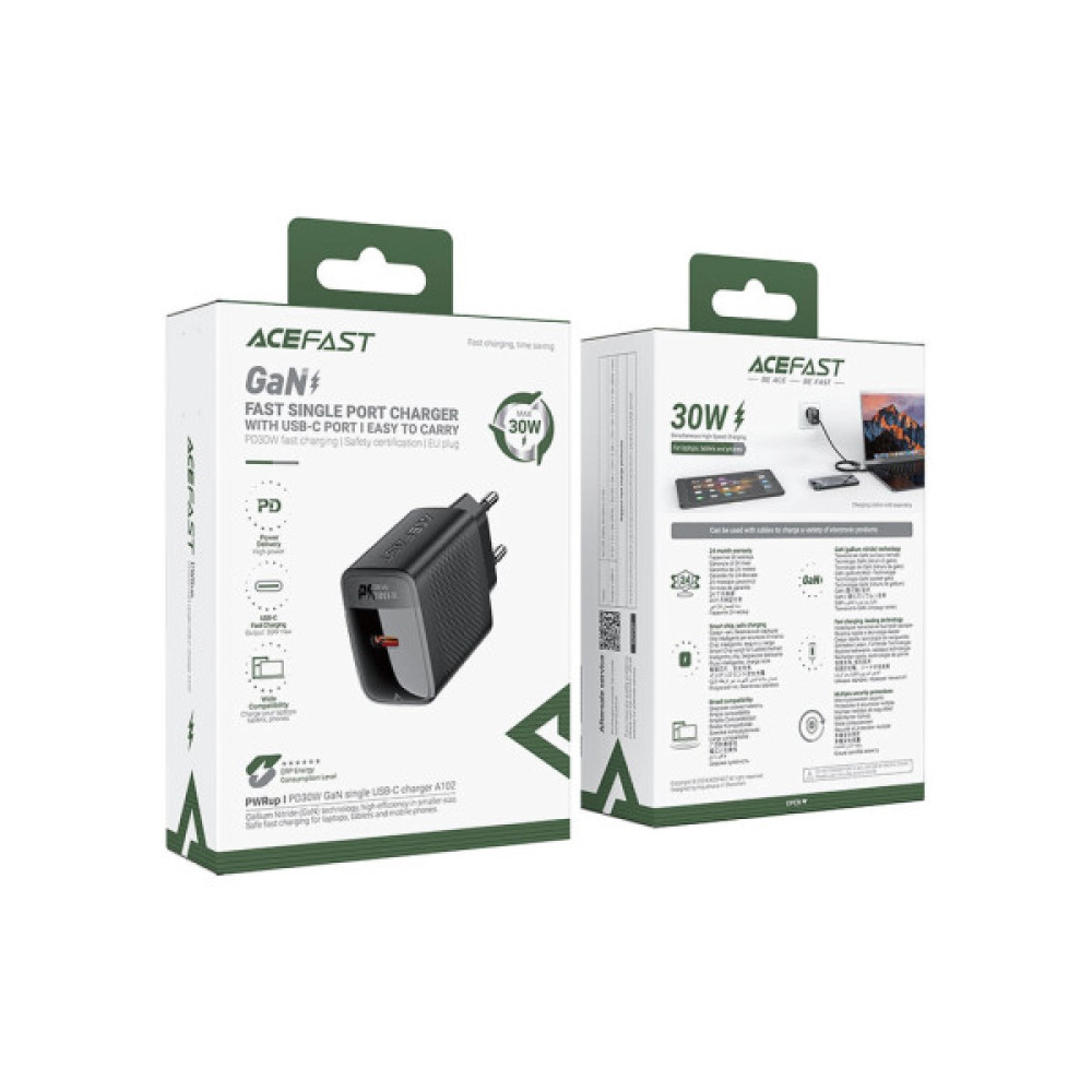 Зарядний пристрій Acefast A102 USB-C PD30W GaN Black (6974316283287)