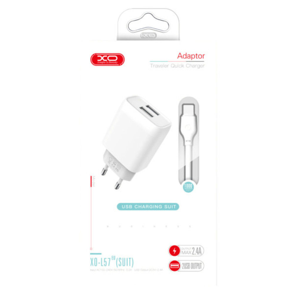 Зарядний пристрій XO 2xUSB 2.4A + cable USB to Micro 5P white (L57-M-WH)