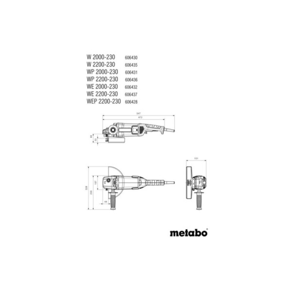 Шліфувальна машина Metabo WE 2200-230 230мм, 2200Вт, 6600об/хв, 5.2кг (606437000)