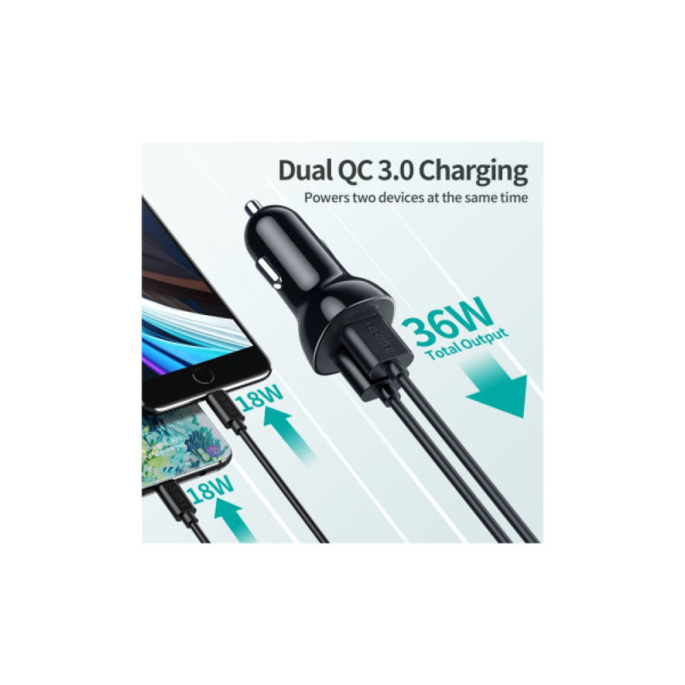 Зарядний пристрій Choetech car 2хUSB-A 36W QC black (C0051-BK)
