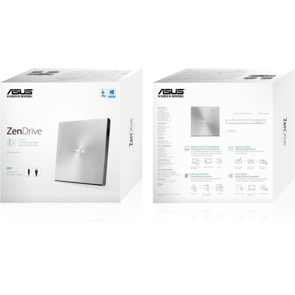 Привід оптичний портативний ASUS SDRW-08U9M-U DVD+-R/RW burner M-DISC USB2.0 Slim срібний Retail Box