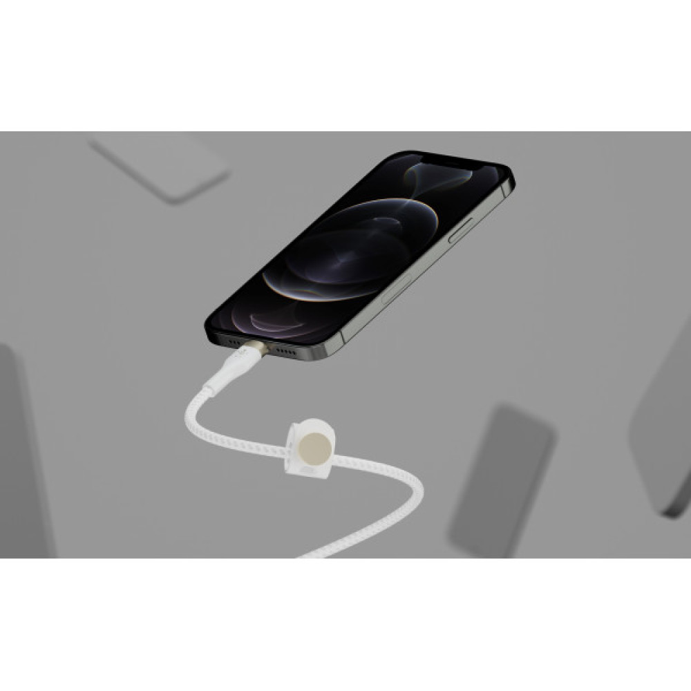 Кабель USB-C > Lightning заряджання/синхронізації Belkin 1м, Type-C, плетений, силіконовий, з ремінцем на магніті, білий