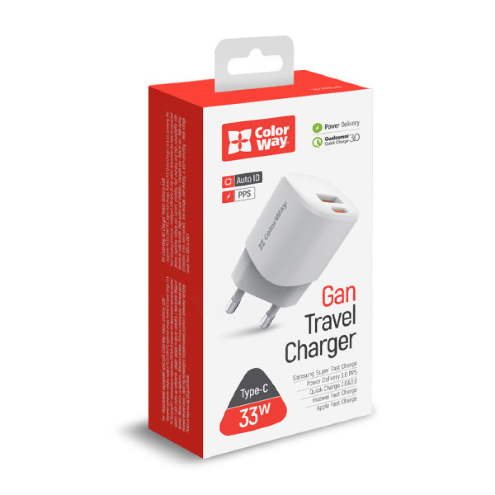 Зарядний пристрій ColorWay GaN PD Port USB PPS (Type-C PD + USB QC3.0) (33W) white (CW-CHS043PD-WT)