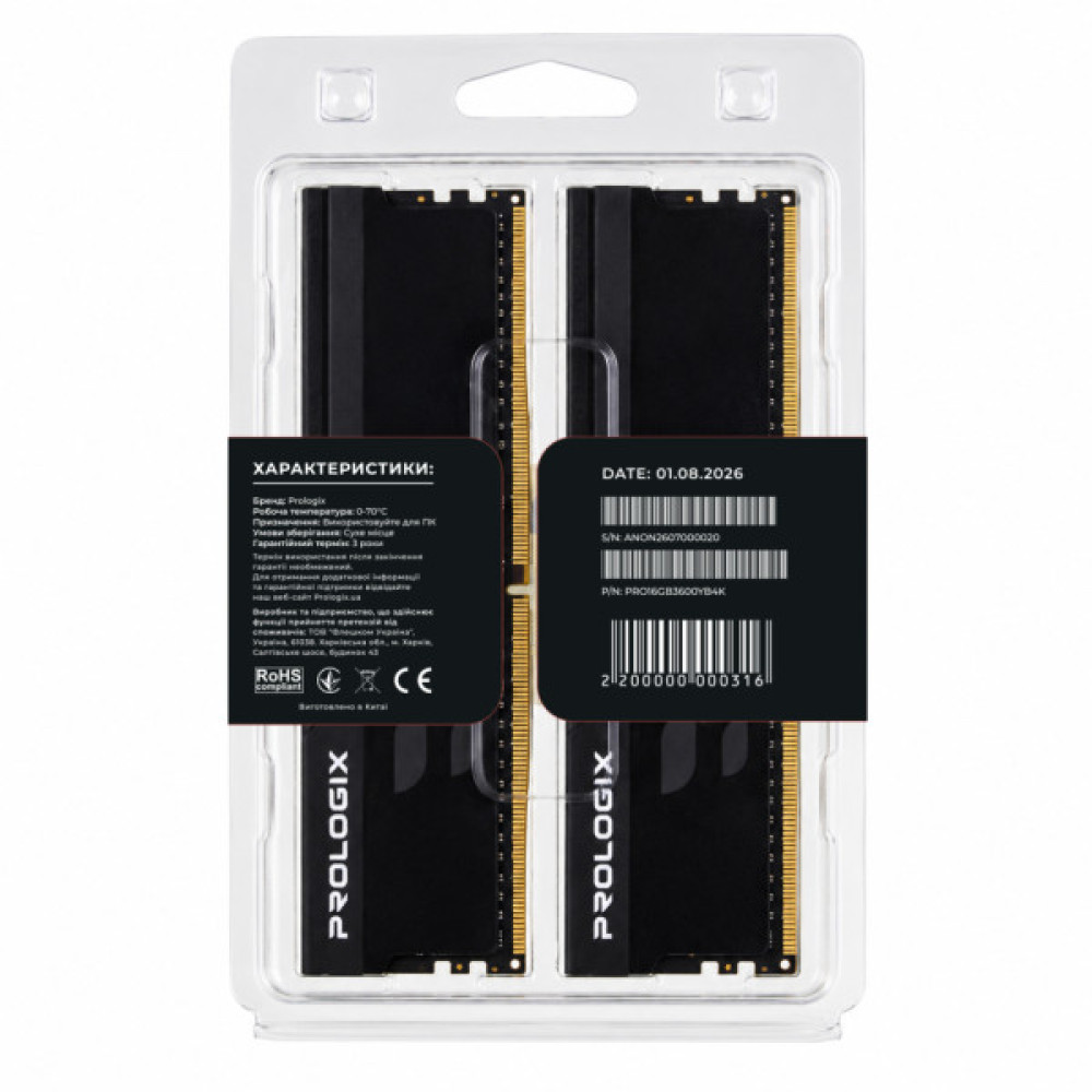 Модуль пам'яті для комп'ютера DDR4 16GB (2x8GB) 3600 MHz Onyx Black Prologix (PRO16GB3600YB4K)