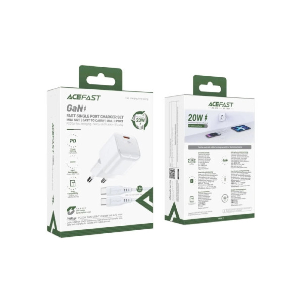 Зарядний пристрій Acefast USB-C 20W Gan A73 mini + USB-C cable Fast Charger White (6974316282655)
