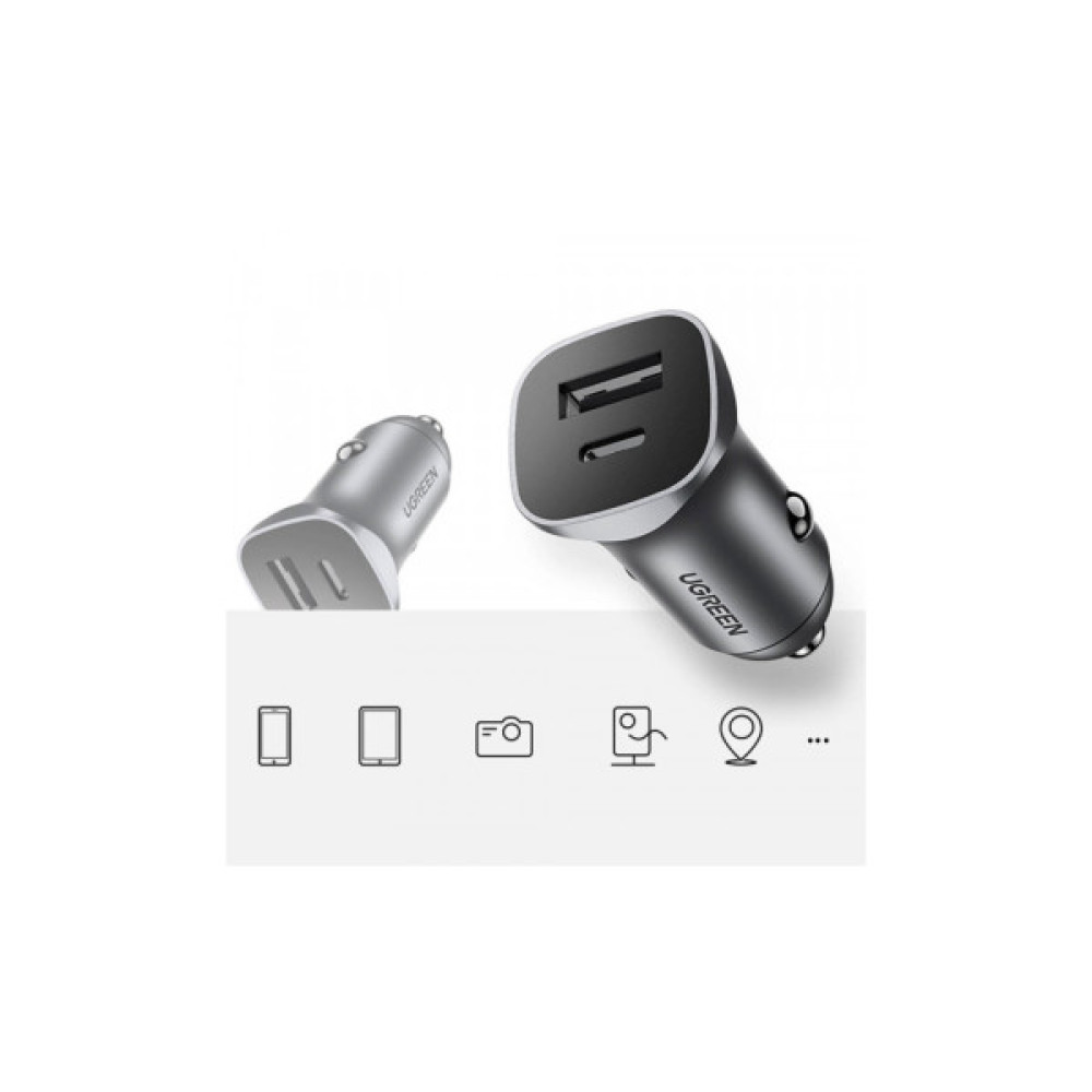 Зарядний пристрій Ugreen 1xUSB-C + 1xUSB 30W car adapter CD130 black (40858)