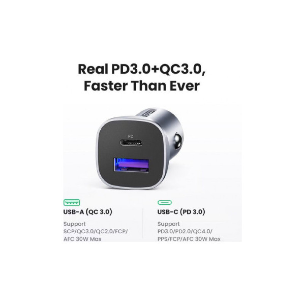 Зарядний пристрій Ugreen 1xUSB-C + 1xUSB 30W car adapter CD130 black (40858)