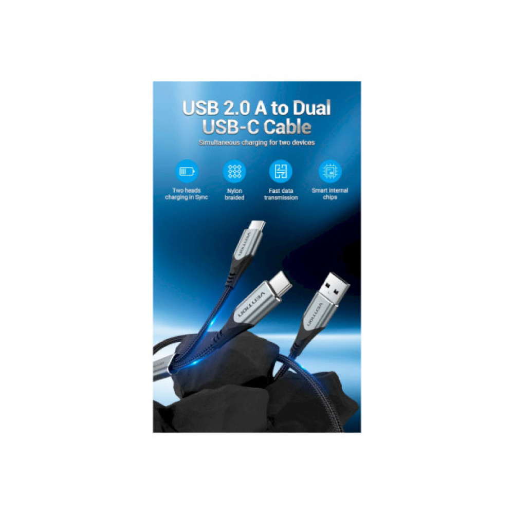 Дата кабель USB 2.0 AM to 2хUSB-C M 1.0m 2.4А 480Mbps Aluminum VENTION (CQOHF)