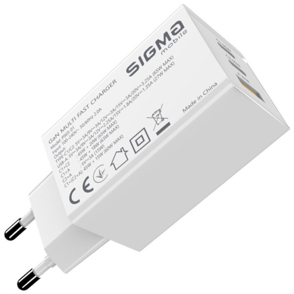 Зарядний пристрій Sigma 2xUSB-C PD65W + 1xUSB QC3.0 GaN X-power PS65-01 white (4827798637715)