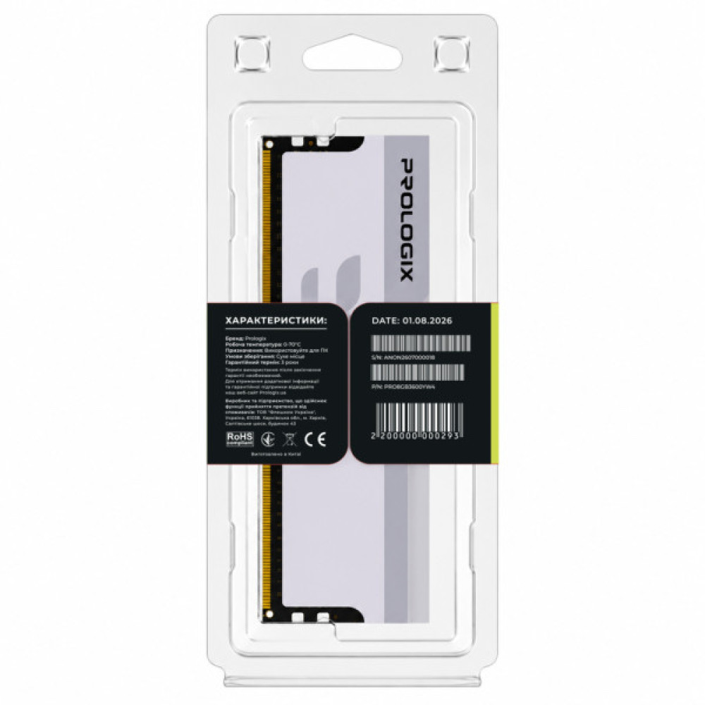 Модуль пам'яті для комп'ютера DDR4 8GB 3600 MHz Onyx White Prologix (PRO8GB3600YW4)