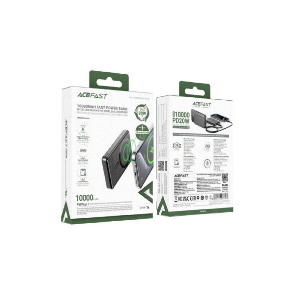 Батарея універсальна Acefast Magnetic Wireless 10000mAh 20W PD, QC/3.0, QI 15W, M12 Black (6974316283393)