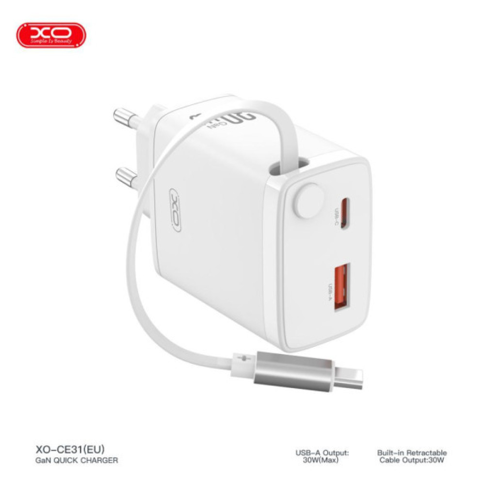 Зарядний пристрій XO 1xUSB-C + 1xUSB QC30W GaN + cable USB-C to USB-C white (XO-CE31)